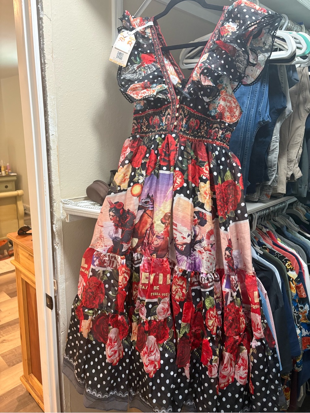 Floral Polka Dot Midi Dress with Ruffle Straps - Red/Black
